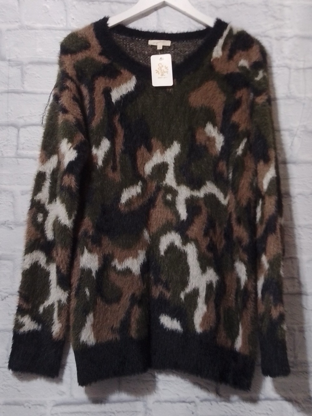 Mystree Camouflage Fuzzy Crewneck Sweater - Olive, Black, Brown, White
